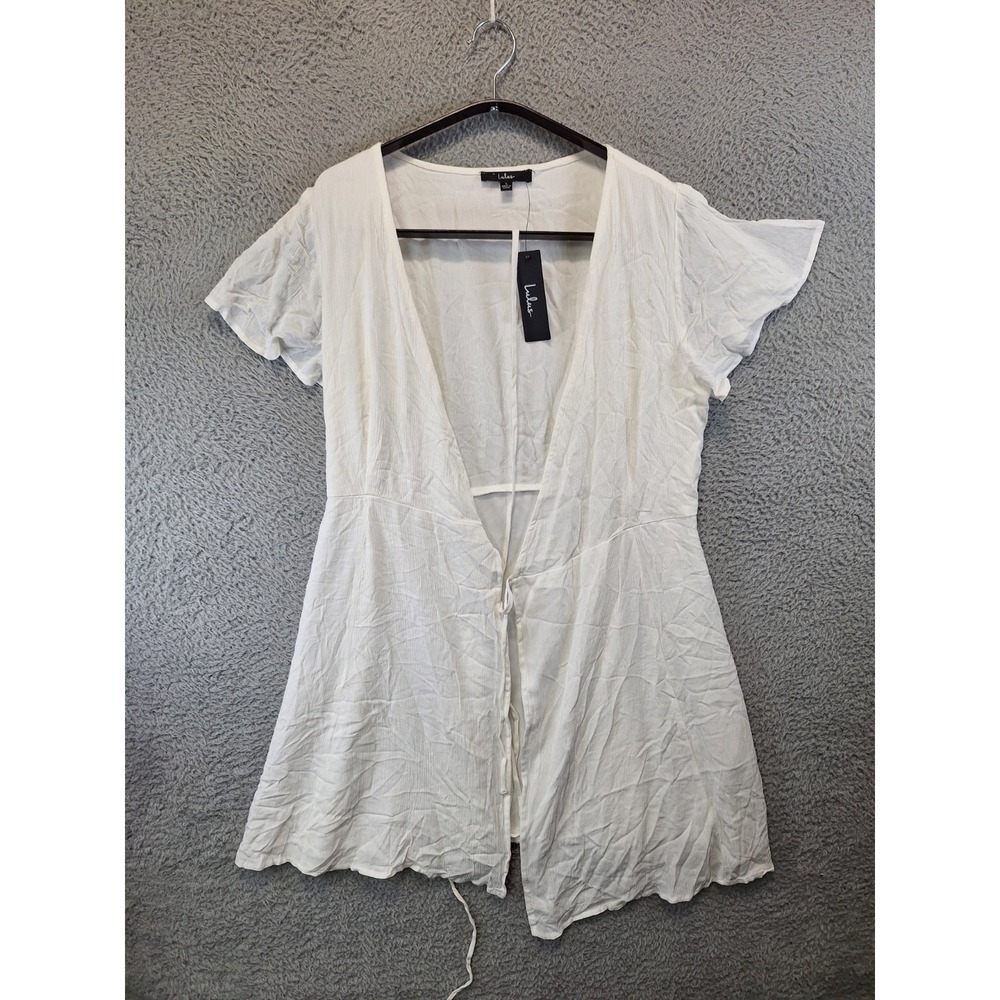 Lulus Open Front Cardigan Womans Large White Tie Front V Neck Flutter Sleeves